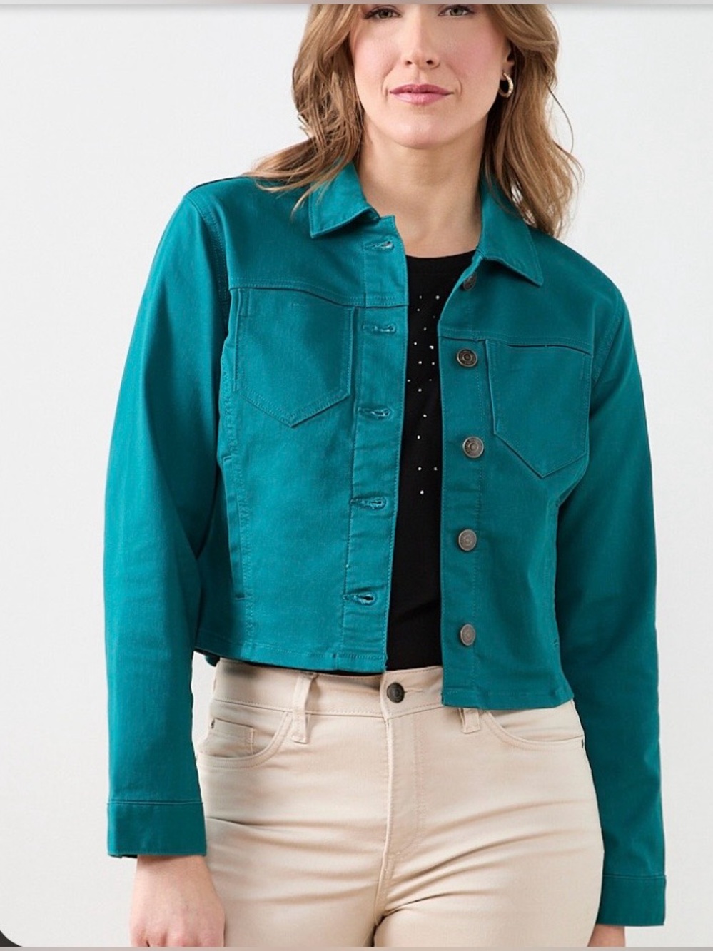 cleo Peacock (Teal) Coloured Cropped Fitted Denim Jacket Size S - Picture 5 of 12